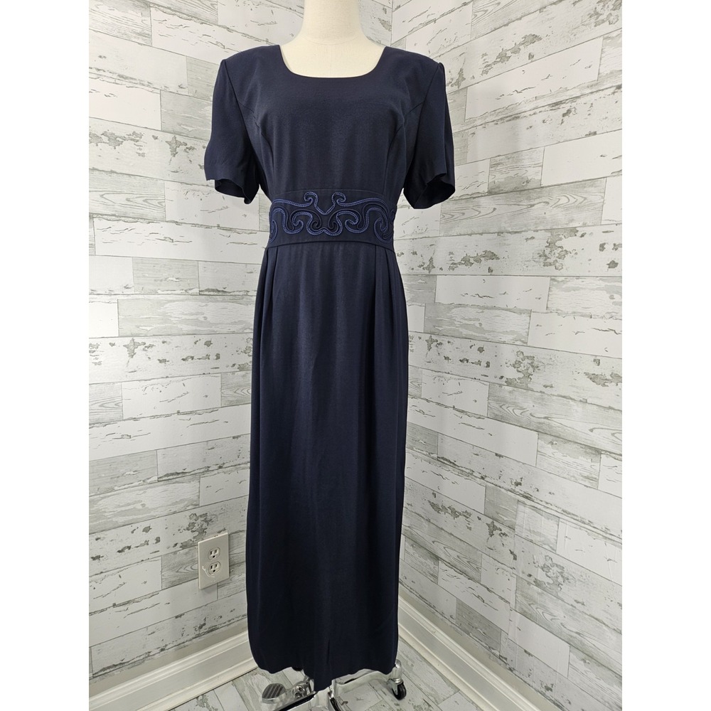 Vintage John Roberts Embroidered Waist Belt Navy Blue Maxi Dress Womens 14